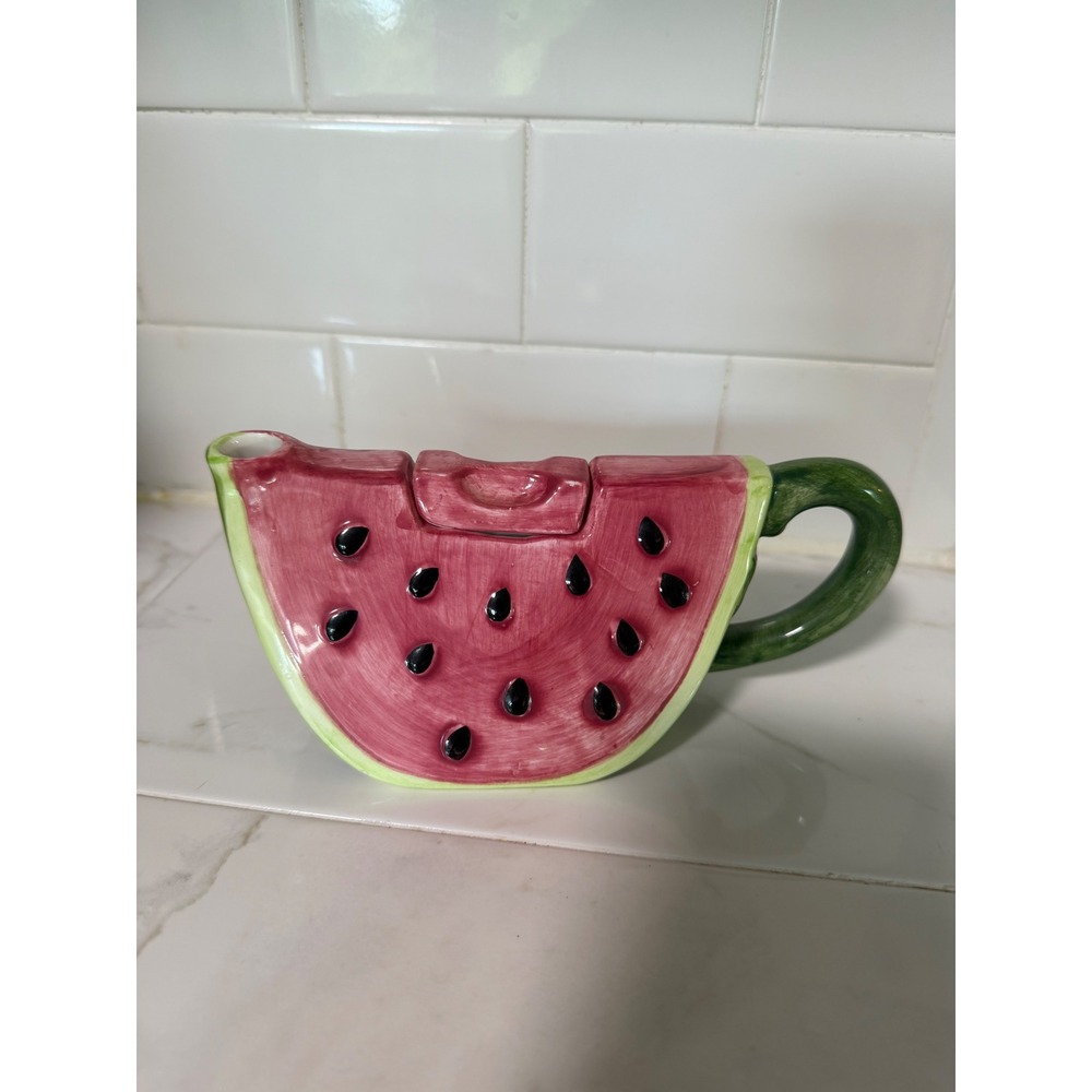 Vintage Watermelon Slice Ceramic Teapot Pink Green Fruit Shaped Tea Pot Lid